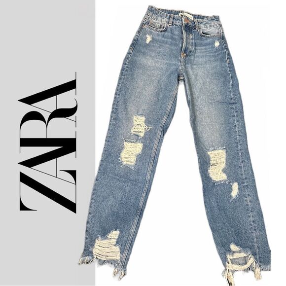 Zara Women’s High‎ Rise Button Fly Light Washed Distressed Denim Jeans - Size 0 - Picture 1 of 2